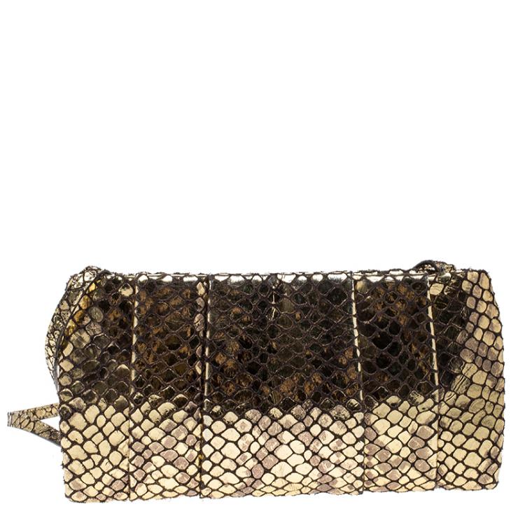 Pre Owned Michael Kors Metallic Gold Snake Embossed Suede Shoulder Bag