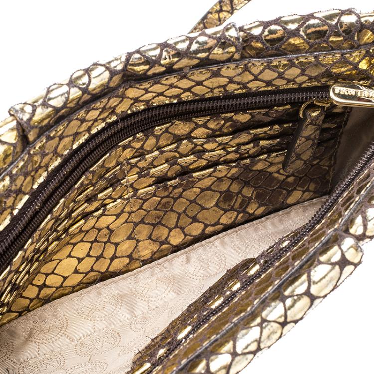 Pre Owned Michael Kors Metallic Gold Snake Embossed Suede Shoulder Bag