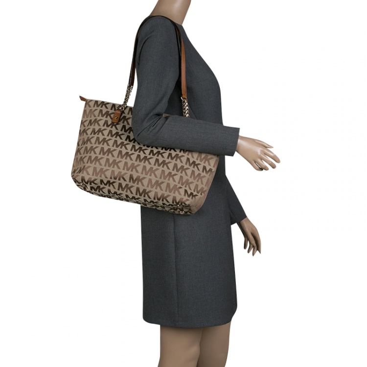 Pre Owned Michael Kors Beige/Cognac Signature Canvas and Leather Tote 
