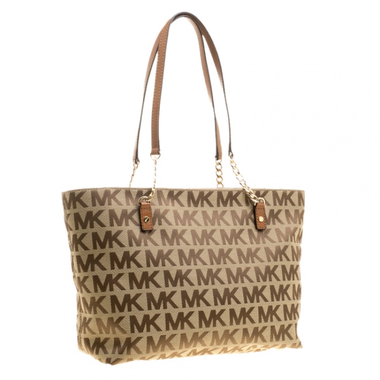 Pre Owned Michael Kors Beige/Cognac Signature Canvas and Leather Tote 