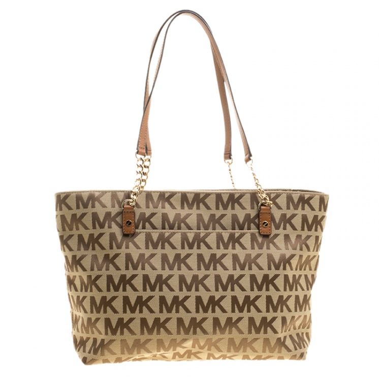 Pre Owned Michael Kors Beige/Cognac Signature Canvas and Leather Tote 