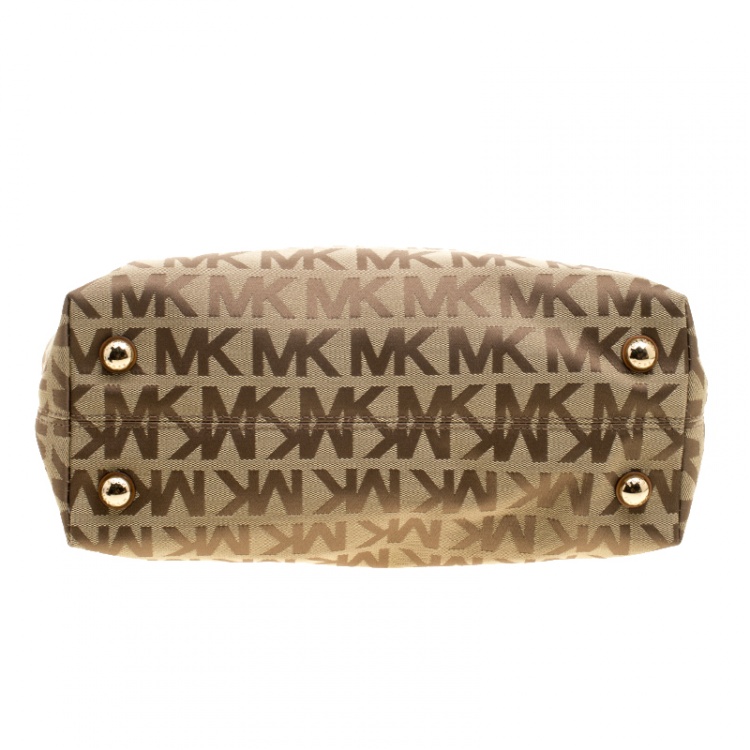 Pre Owned Michael Kors Beige/Cognac Signature Canvas and Leather Tote 
