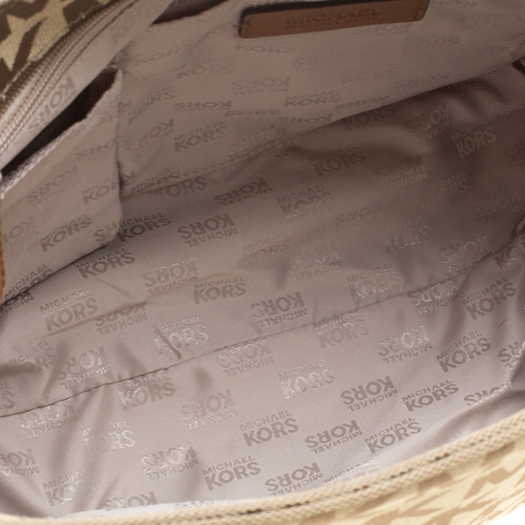 Pre Owned Michael Kors Beige/Cognac Signature Canvas and Leather Tote 