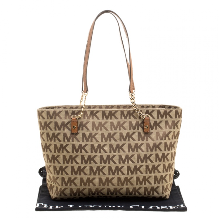 Pre Owned Michael Kors Beige/Cognac Signature Canvas and Leather Tote 