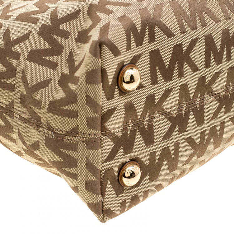 Pre Owned Michael Kors Beige/Cognac Signature Canvas and Leather Tote 