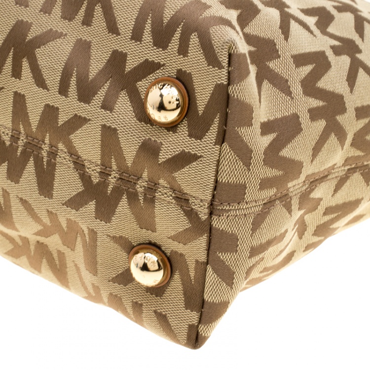 Pre Owned Michael Kors Beige/Cognac Signature Canvas and Leather Tote 