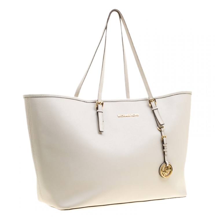 Pre Owned Michael Kors Off White Saffiano Leather Jetset Tote