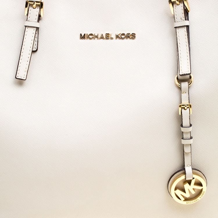 Pre Owned Michael Kors Off White Saffiano Leather Jetset Tote