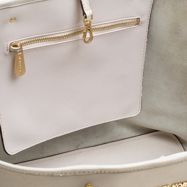 Pre Owned Michael Kors Off White Saffiano Leather Jetset Tote