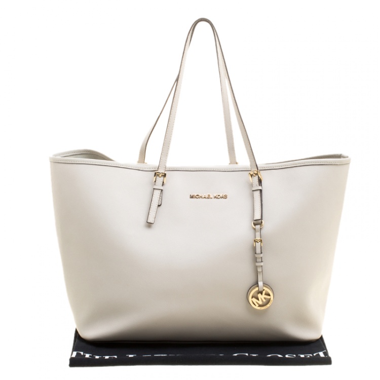 Pre Owned Michael Kors Off White Saffiano Leather Jetset Tote