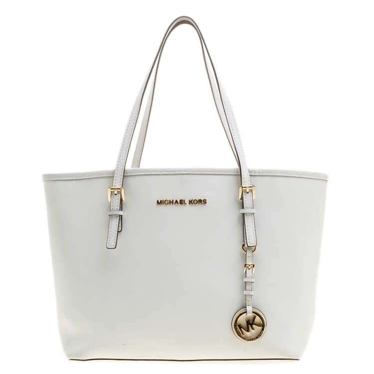 Pre Owned Michael Kors White Saffiano Leather Jetset Tote