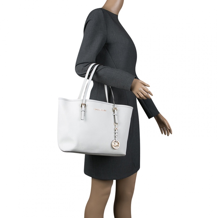Pre Owned Michael Kors White Saffiano Leather Jetset Tote