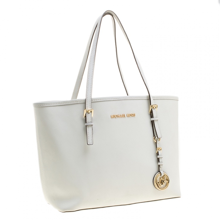 Pre Owned Michael Kors White Saffiano Leather Jetset Tote