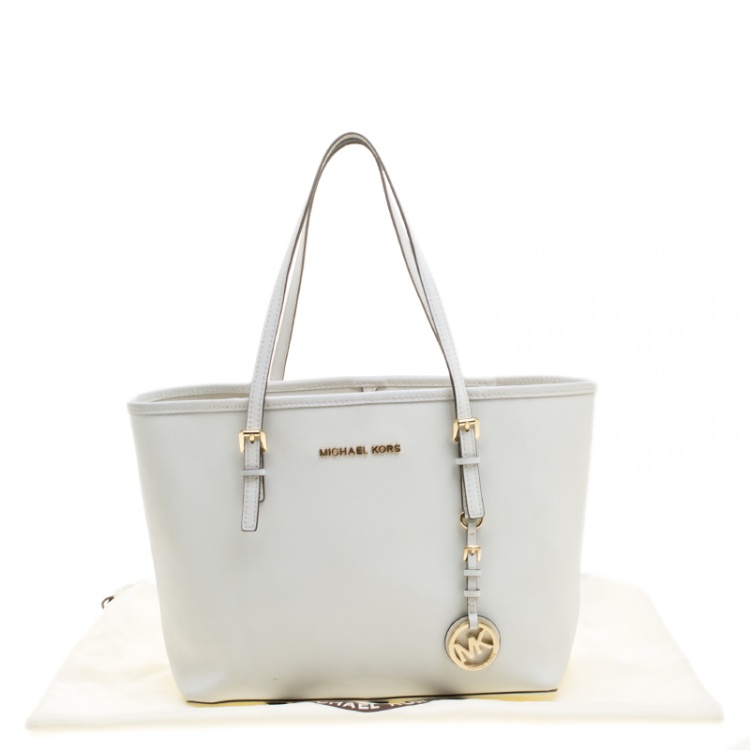 Pre Owned Michael Kors White Saffiano Leather Jetset Tote