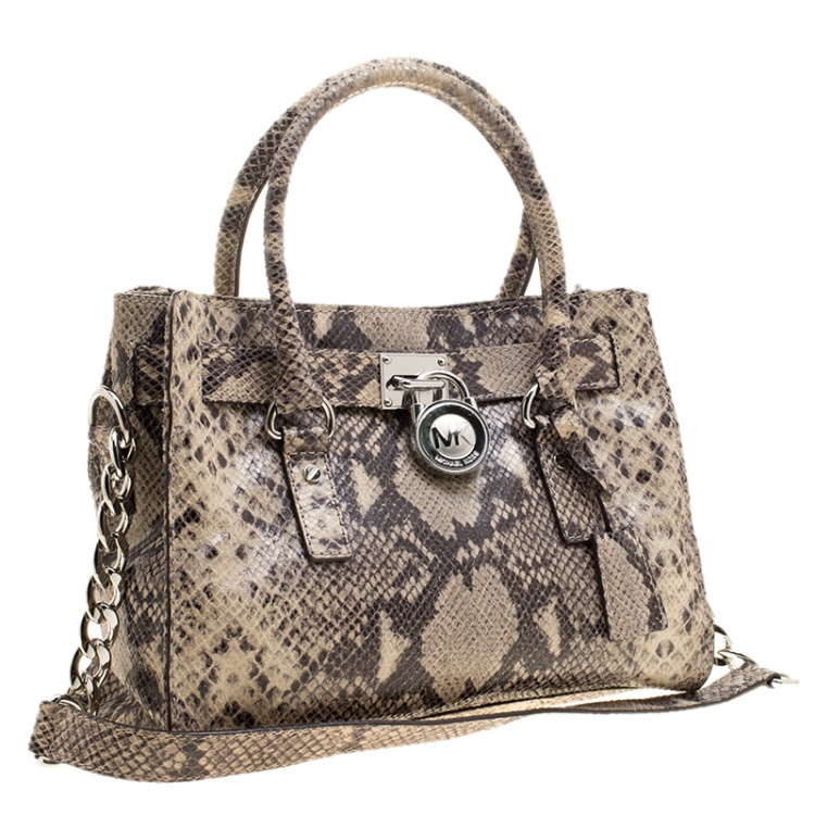 Pre Owned Michael Kors Beige Python Embossed Leather Hamilton Satchel