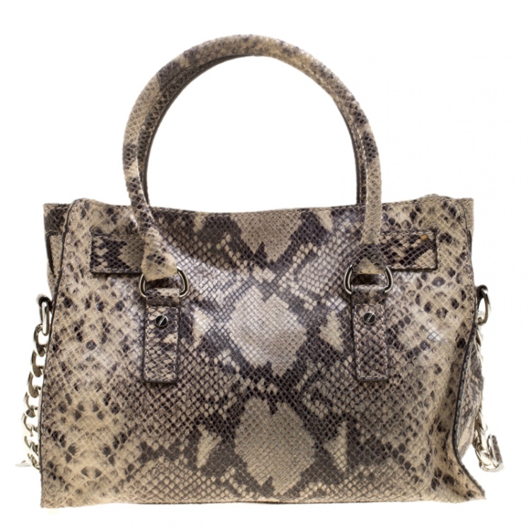 Pre Owned Michael Kors Beige Python Embossed Leather Hamilton Satchel