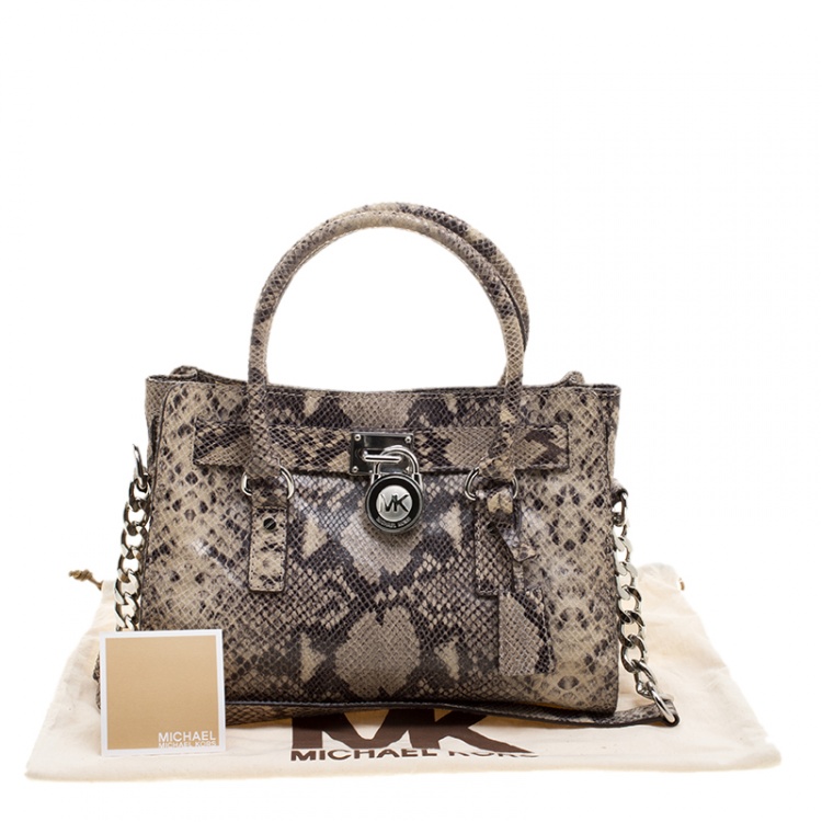 Pre Owned Michael Kors Beige Python Embossed Leather Hamilton Satchel