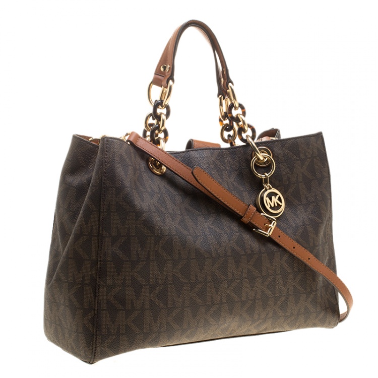 Pre Owned Michael Michael Kors Brown Signature Coated Canvas Cynthia Tote