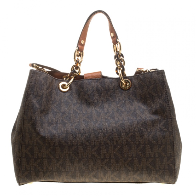 Pre Owned Michael Michael Kors Brown Signature Coated Canvas Cynthia Tote