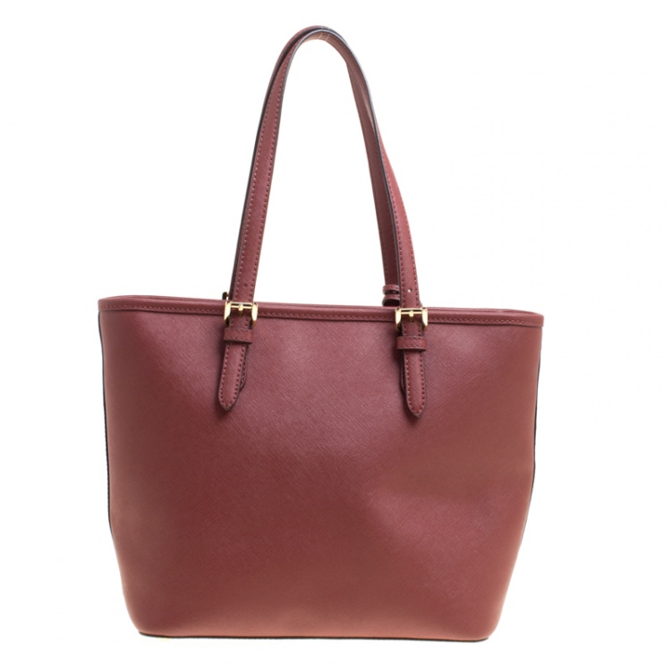 Pre Owned Michael Kors Burgundy Leather Jet Set Snap Pocket Tote
