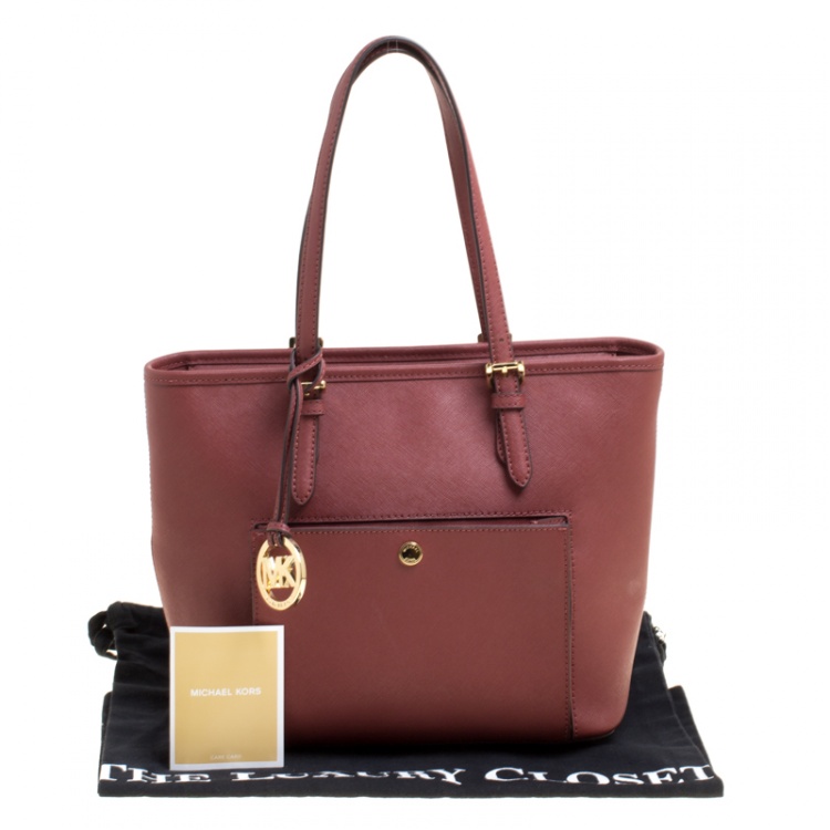 Pre Owned Michael Kors Burgundy Leather Jet Set Snap Pocket Tote