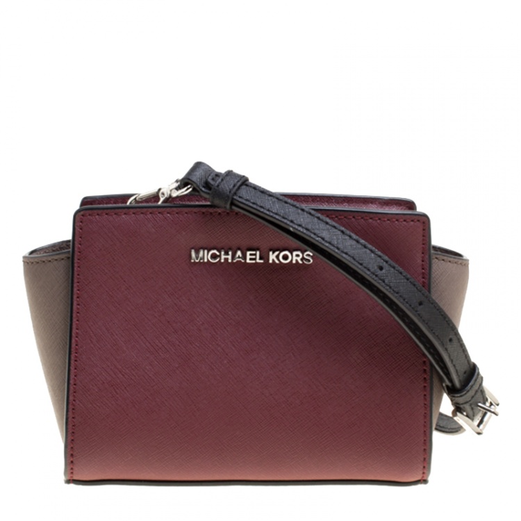 Michael Kors Burgundy Grey Saffiano Leather Mini Selma Crossbody Bag Michael Kors The Luxury Closet