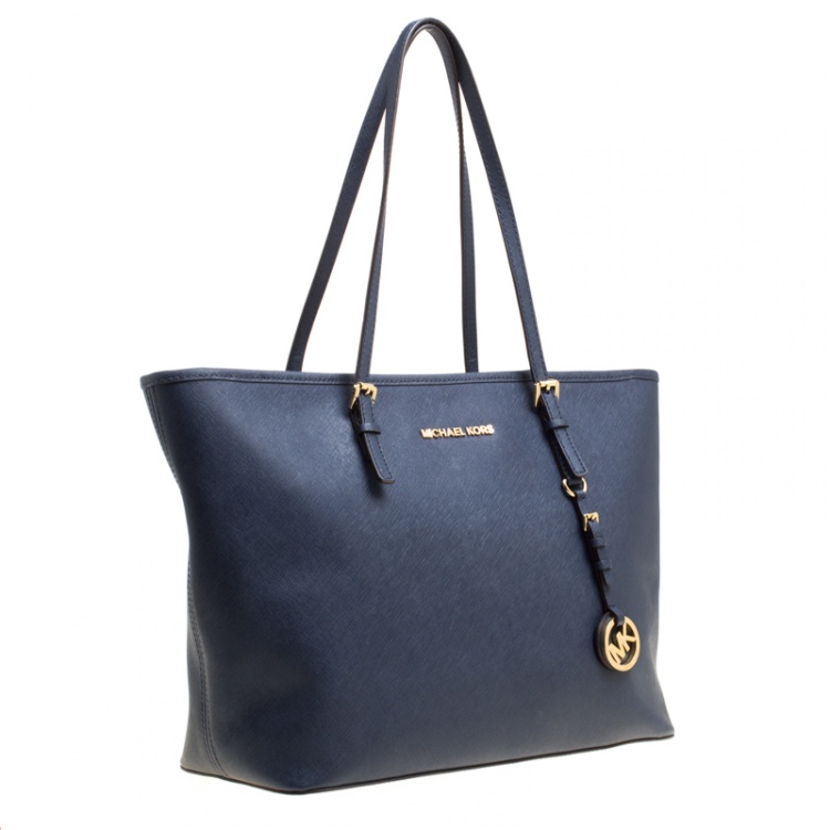 Pre Owned Michael Michael Kors Navy Blue Saffiano Leather Jet Set Tote