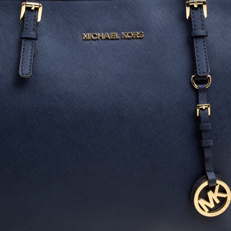 Pre Owned Michael Michael Kors Navy Blue Saffiano Leather Jet Set Tote
