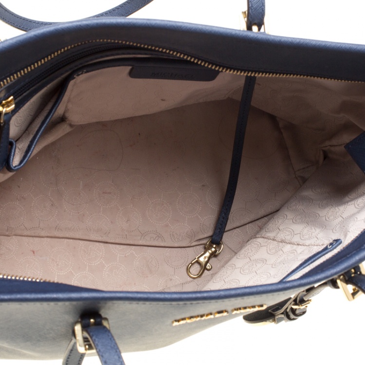 Pre Owned Michael Michael Kors Navy Blue Saffiano Leather Jet Set Tote