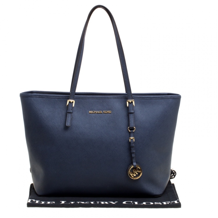 Pre Owned Michael Michael Kors Navy Blue Saffiano Leather Jet Set Tote