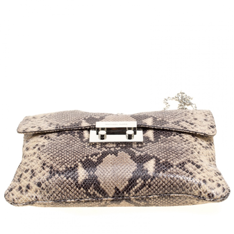 Pre Owned Michael Kors Beige Python Embossed Leather Oversized Sloan Clutch