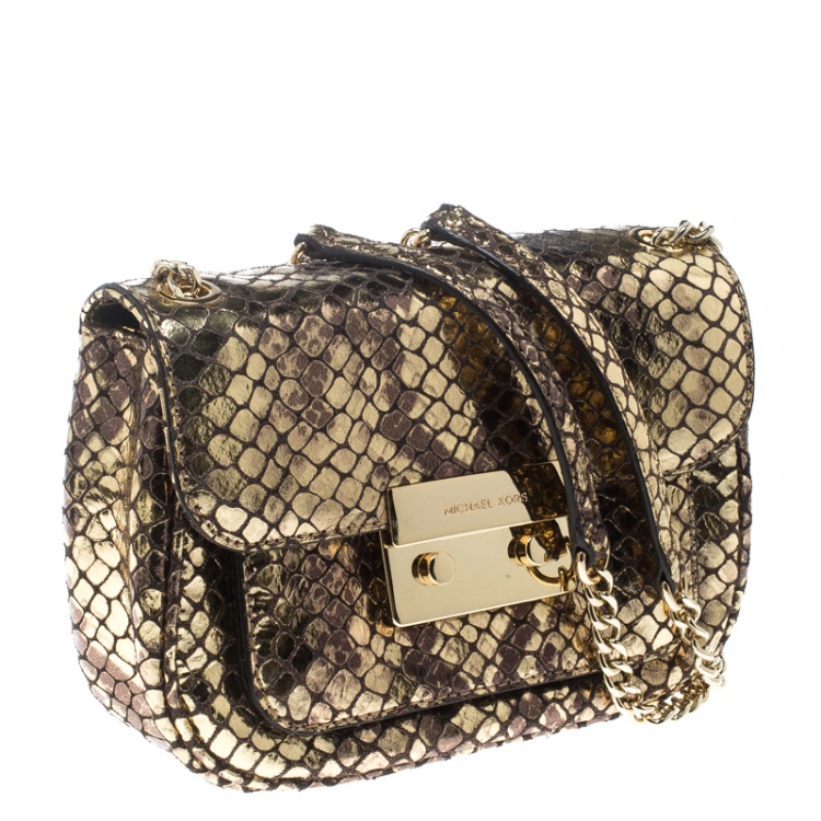 Pre Owned Michael Kors Metallic Gold Python Embossed Leather Small Sloan Shoulder Flap Bag