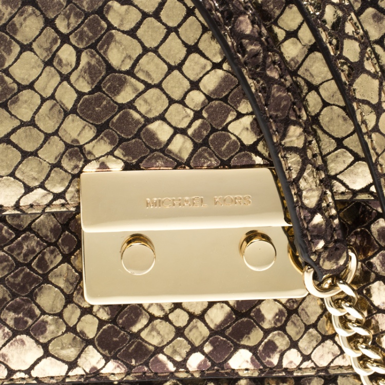 Pre Owned Michael Kors Metallic Gold Python Embossed Leather Small Sloan Shoulder Flap Bag
