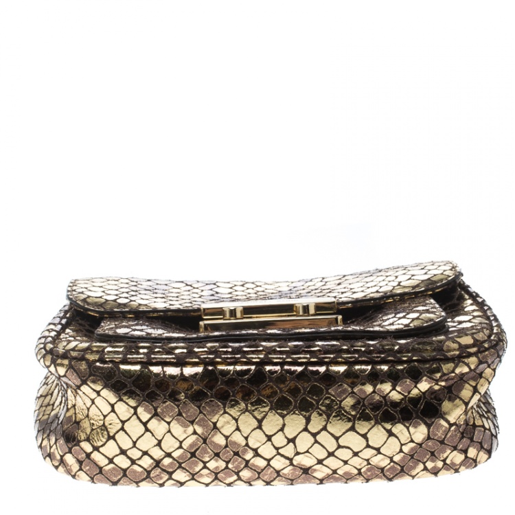 Pre Owned Michael Kors Metallic Gold Python Embossed Leather Small Sloan Shoulder Flap Bag