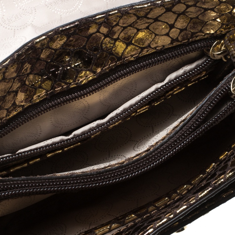 Pre Owned Michael Kors Metallic Gold Python Embossed Leather Small Sloan Shoulder Flap Bag