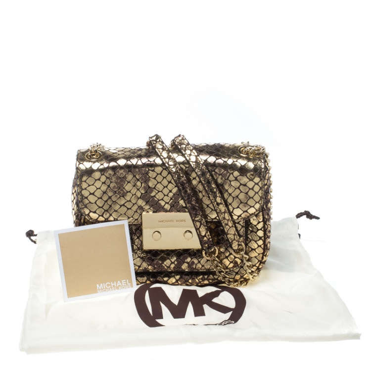 Pre Owned Michael Kors Metallic Gold Python Embossed Leather Small Sloan Shoulder Flap Bag