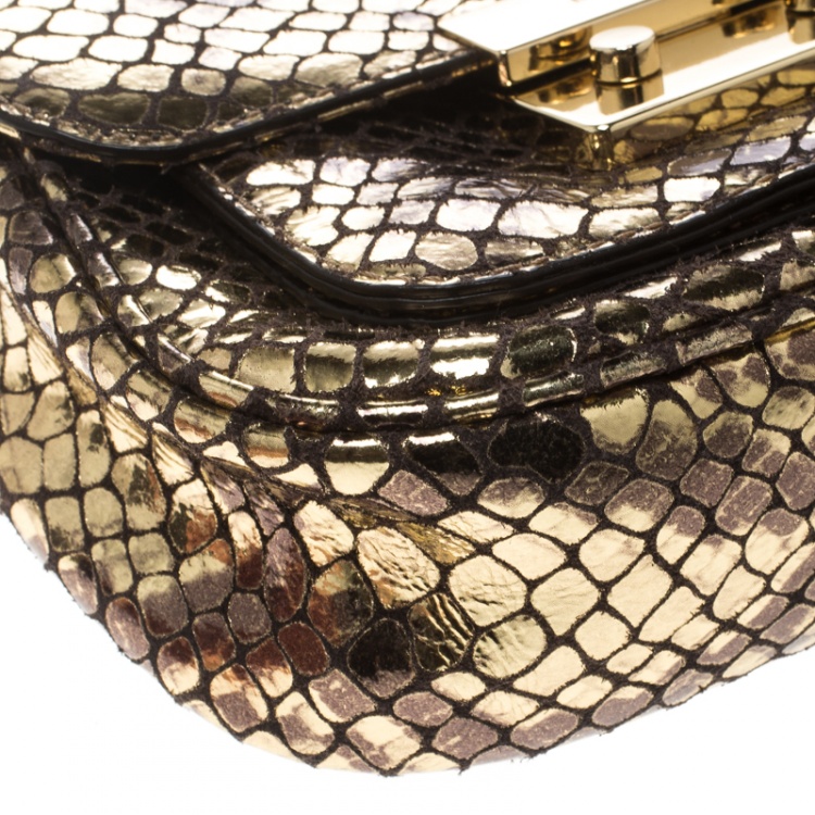 Pre Owned Michael Kors Metallic Gold Python Embossed Leather Small Sloan Shoulder Flap Bag