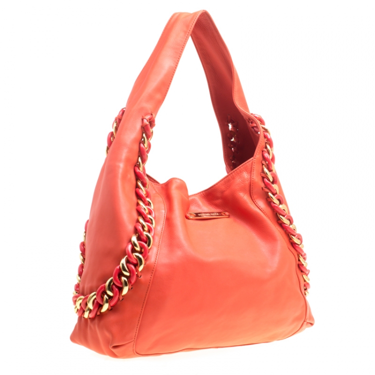 Pre Owned Michael Kors Orange Leather ID Chain Hobo