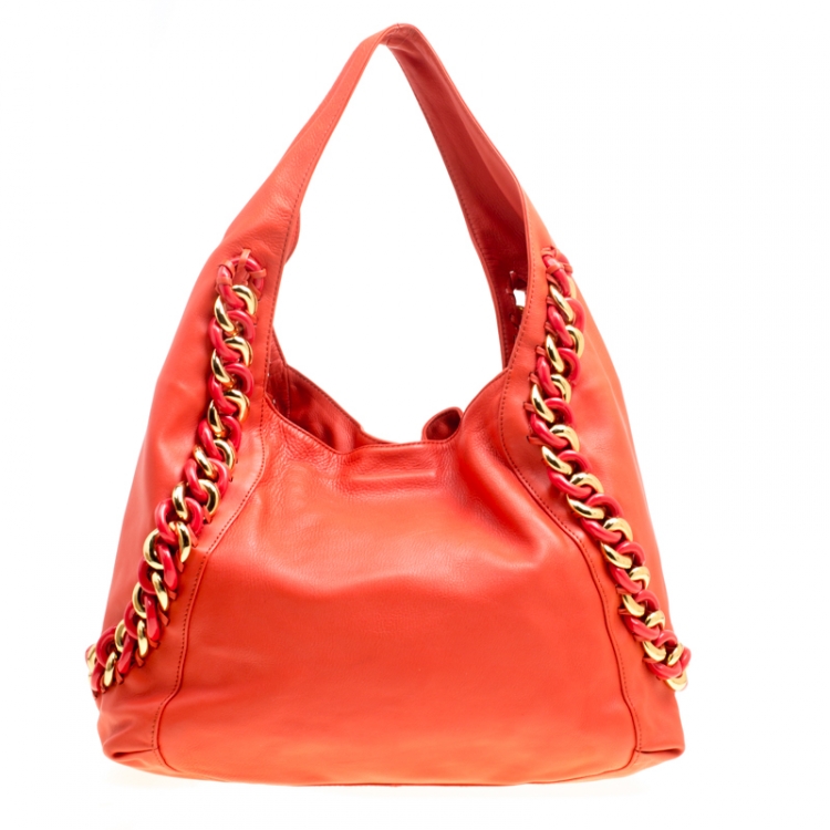 Pre Owned Michael Kors Orange Leather ID Chain Hobo