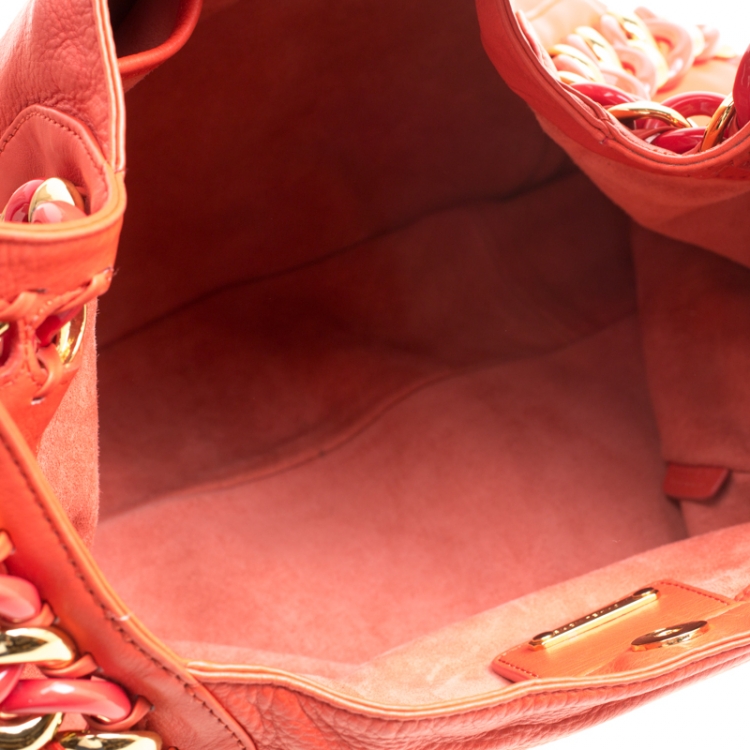 Pre Owned Michael Kors Orange Leather ID Chain Hobo