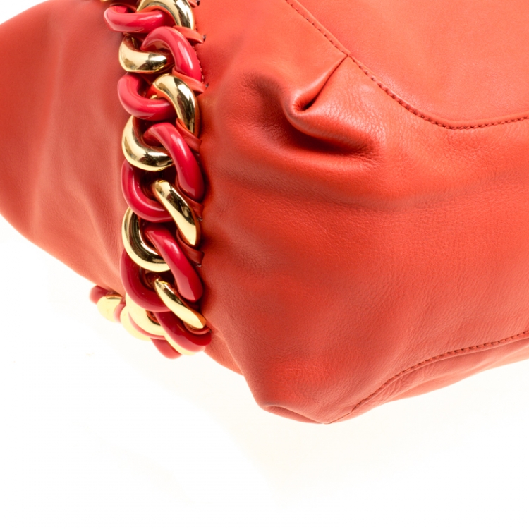 Pre Owned Michael Kors Orange Leather ID Chain Hobo