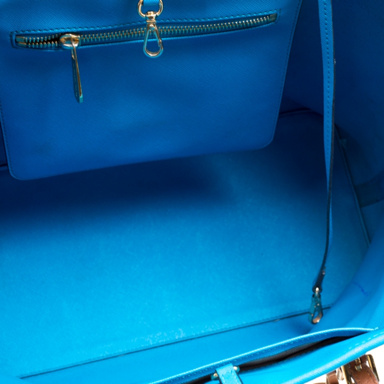 Pre Owned Michael Kors Summer Blue/White Striped Leather Jet Set Travel Tote