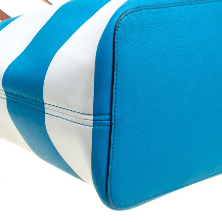 Pre Owned Michael Kors Summer Blue/White Striped Leather Jet Set Travel Tote