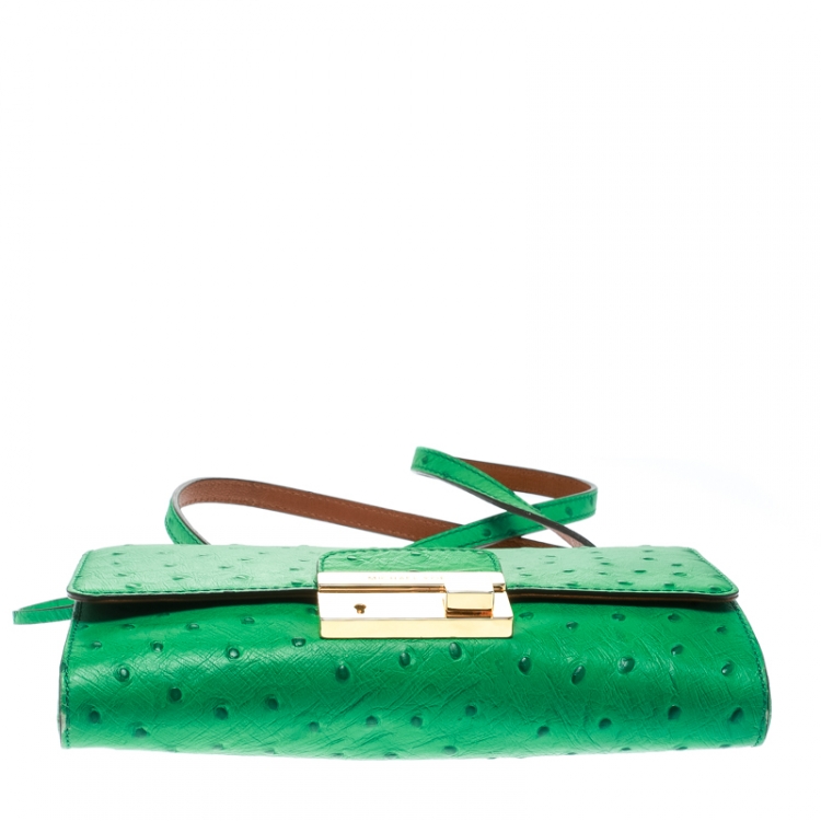 Pre Owned Michael Kors Green Ostrich Embossed Leather Gia Clutch