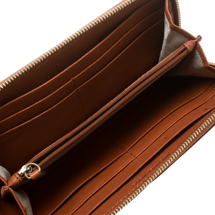 Pre Owned Michael Kors Brown Leather Jet Set Zip Around Wallet