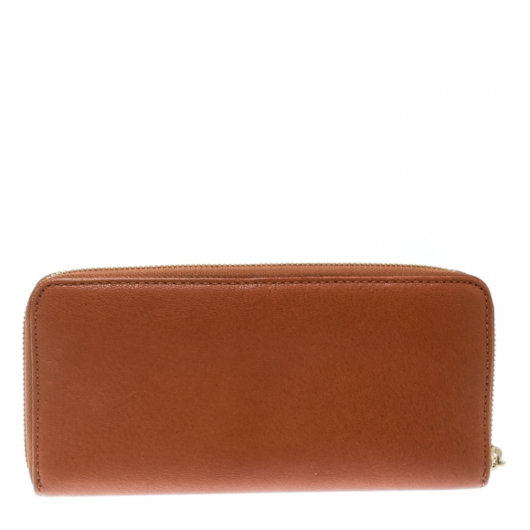 Pre Owned Michael Kors Brown Leather Jet Set Zip Around Wallet