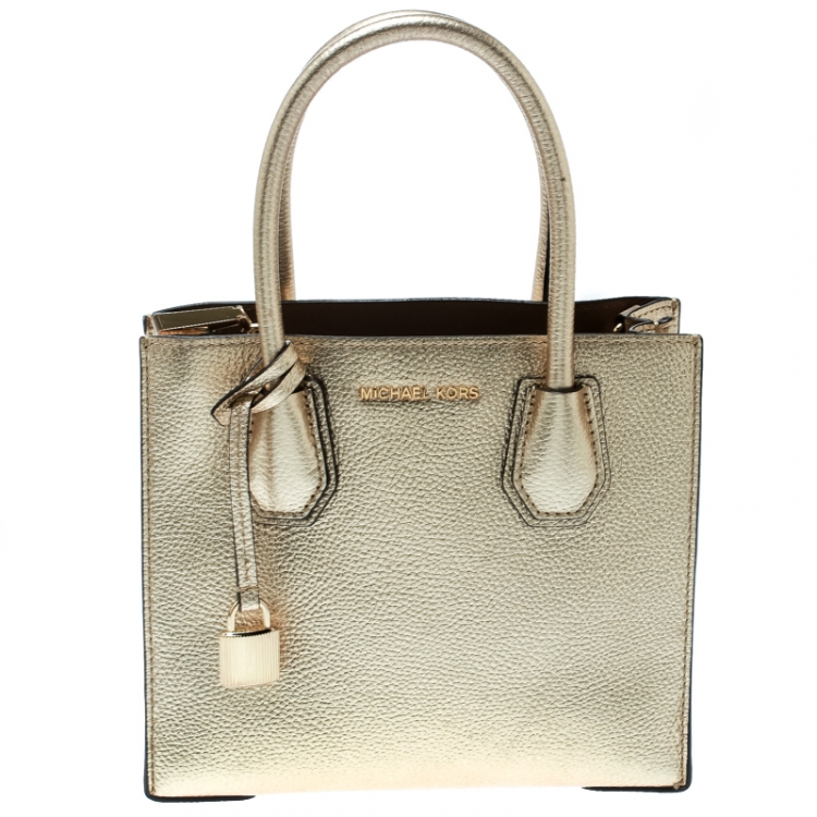 Pre Owned Michael Kors Gold Leather Mercer Top Handle Bag
