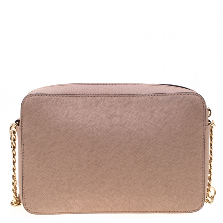 Pre Owned Michael Kors Beige Leather Jet Set Crossbody Bag