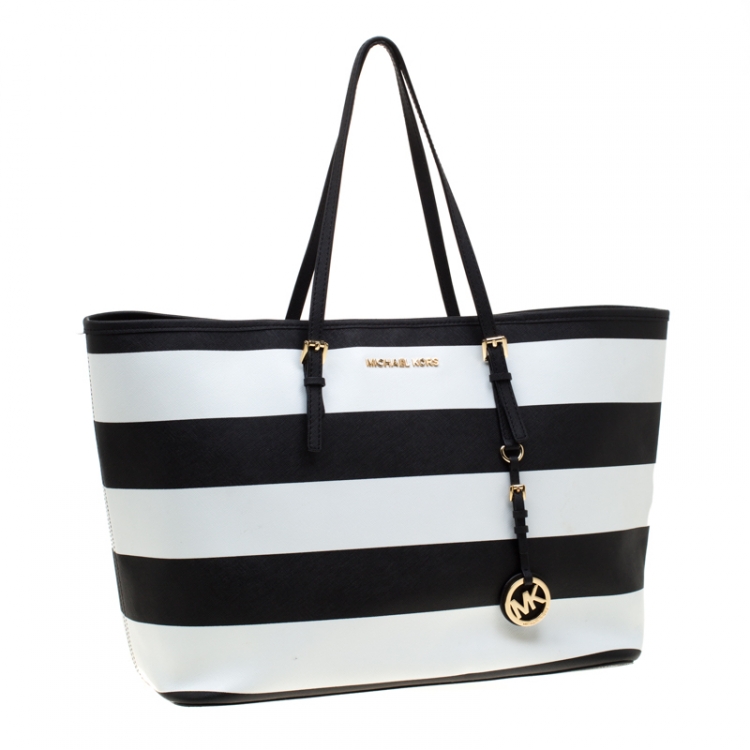 Pre Owned Michael Kors Black/White Stripe Saffiano Leather Jet Set Tote