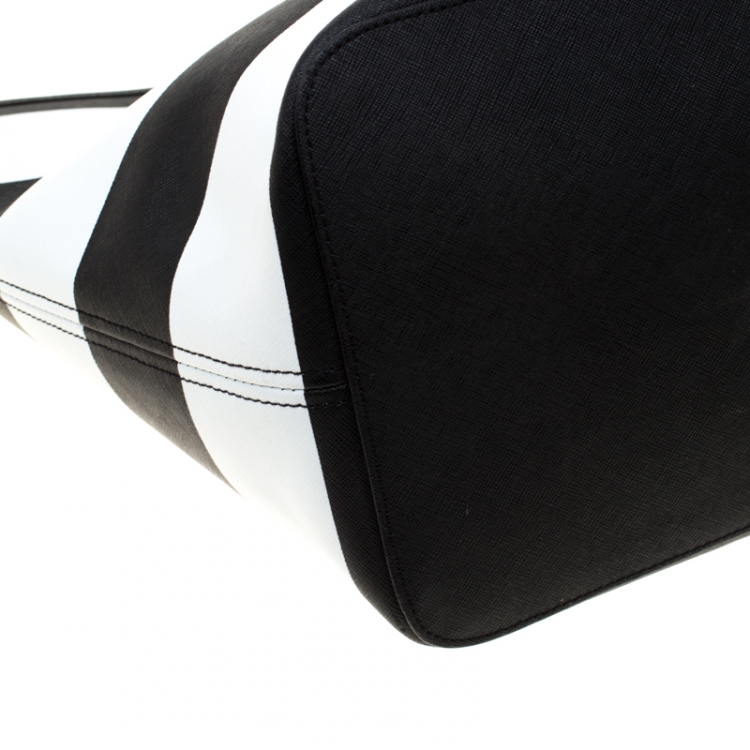 Pre Owned Michael Kors Black/White Stripe Saffiano Leather Jet Set Tote